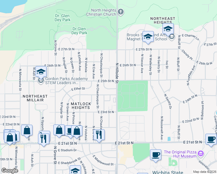 map of restaurants, bars, coffee shops, grocery stores, and more near 3102 East Ethel Street in Wichita
