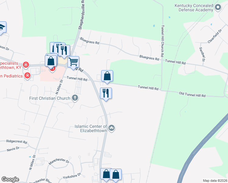 map of restaurants, bars, coffee shops, grocery stores, and more near 1109 Julianna Court in Elizabethtown
