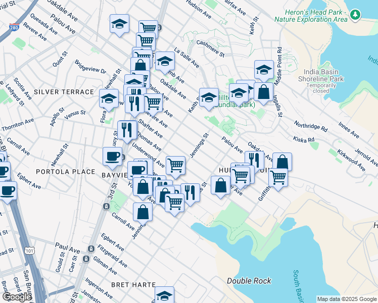 map of restaurants, bars, coffee shops, grocery stores, and more near 1414 Shafter Avenue in San Francisco