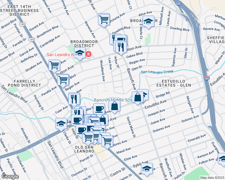map of restaurants, bars, coffee shops, grocery stores, and more near 955 Lee Avenue in San Leandro