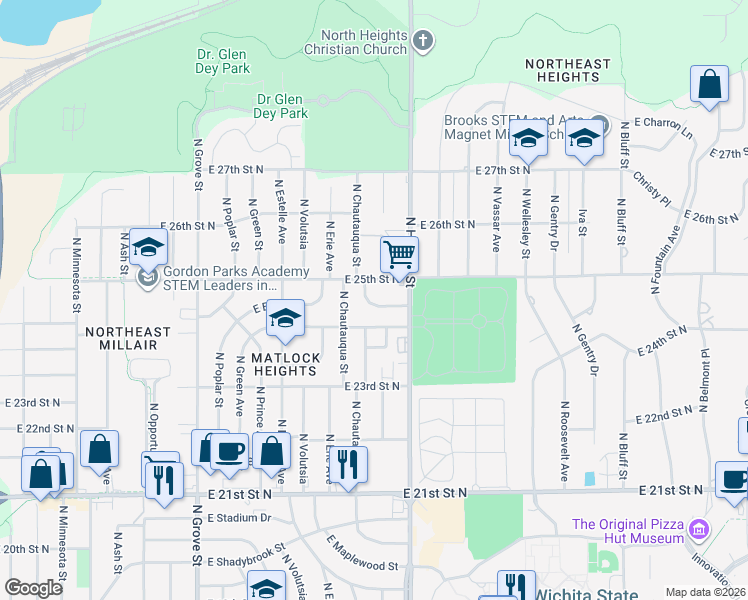map of restaurants, bars, coffee shops, grocery stores, and more near 3102 East Ethel Street in Wichita