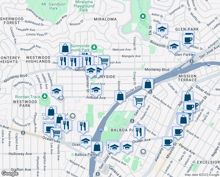 map of restaurants, bars, coffee shops, grocery stores, and more near 227 Flood Avenue in San Francisco