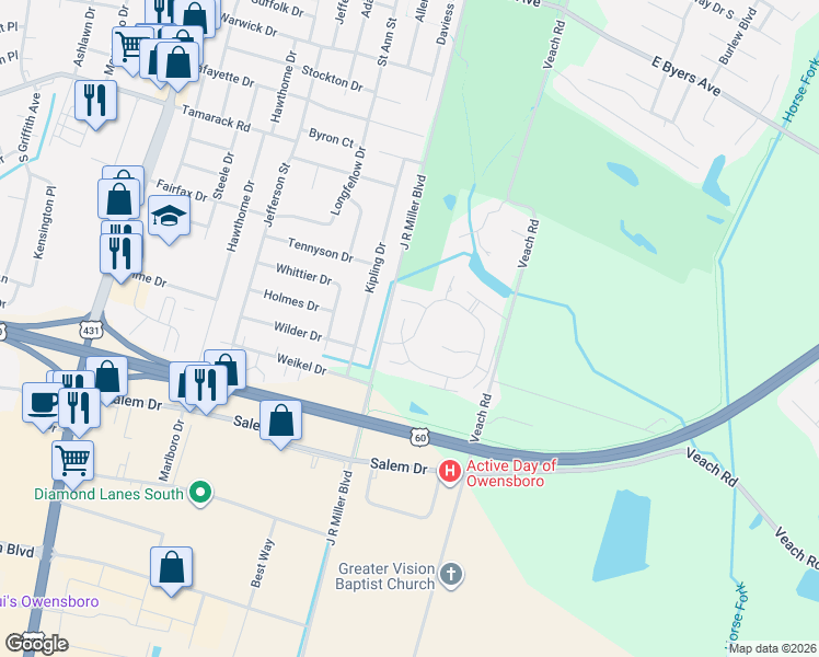 map of restaurants, bars, coffee shops, grocery stores, and more near 430-436 Stableford Cir in Owensboro