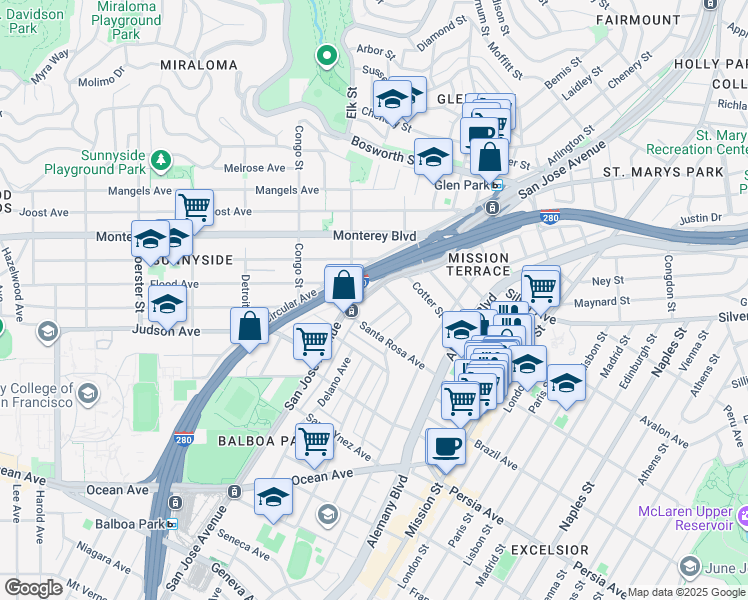 map of restaurants, bars, coffee shops, grocery stores, and more near 1759 San Jose Avenue in San Francisco