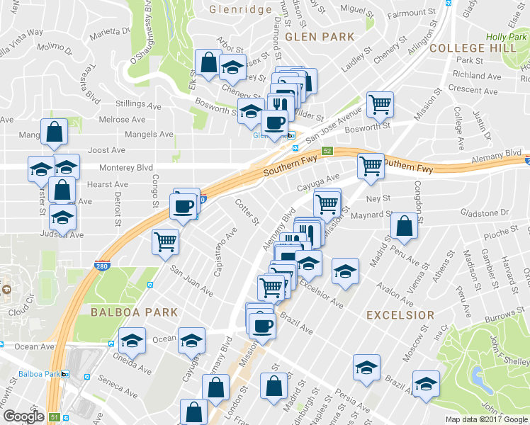 map of restaurants, bars, coffee shops, grocery stores, and more near 217 Theresa Street in San Francisco