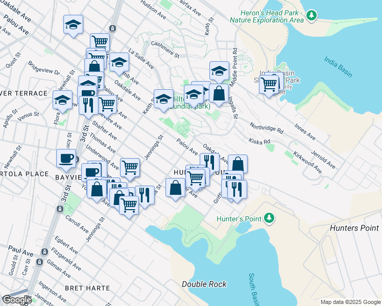 map of restaurants, bars, coffee shops, grocery stores, and more near 1195 Palou Avenue in San Francisco