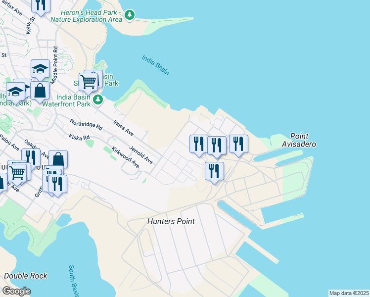 map of restaurants, bars, coffee shops, grocery stores, and more near 401 Galvez Avenue in San Francisco