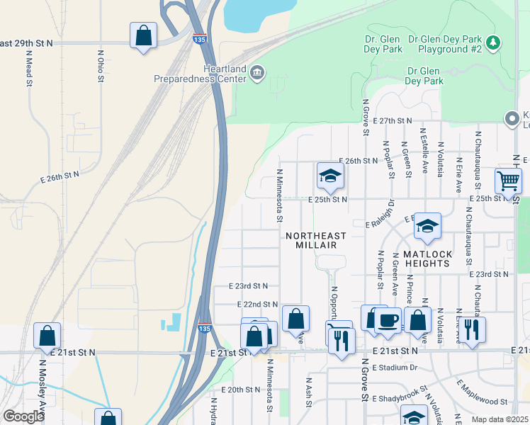 map of restaurants, bars, coffee shops, grocery stores, and more near 2548 North Minneapolis Street in Wichita