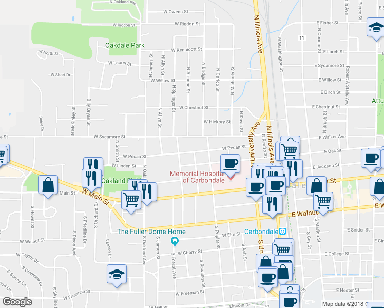 map of restaurants, bars, coffee shops, grocery stores, and more near 601 West Pecan Street in Carbondale