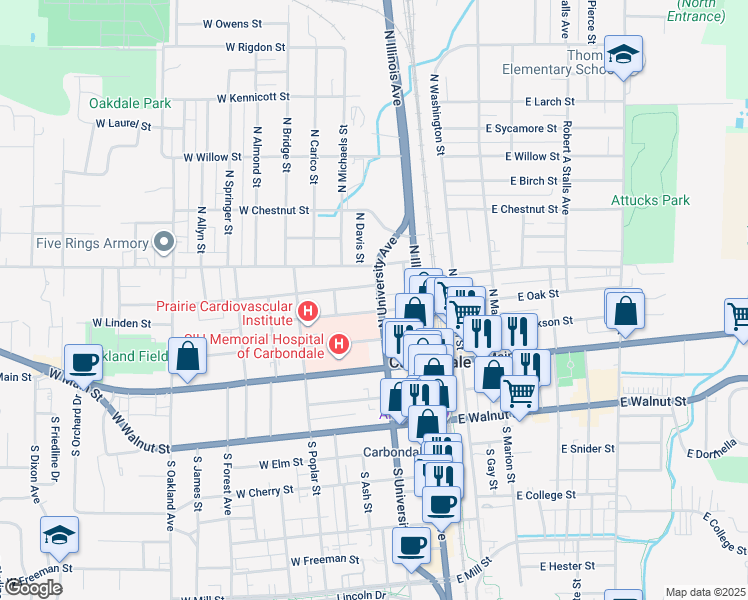 map of restaurants, bars, coffee shops, grocery stores, and more near 304 North University Avenue in Carbondale