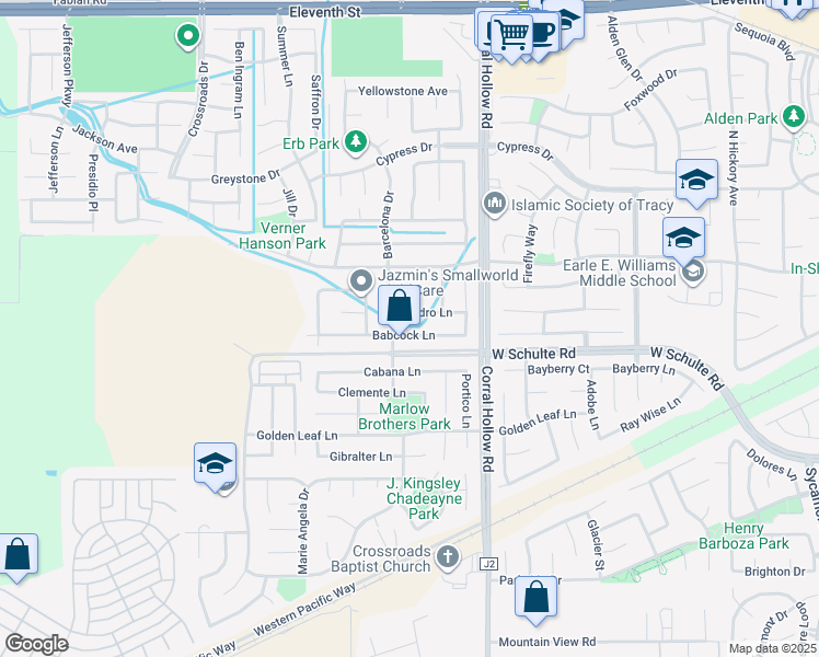 map of restaurants, bars, coffee shops, grocery stores, and more near 2187 Babcock Lane in Tracy