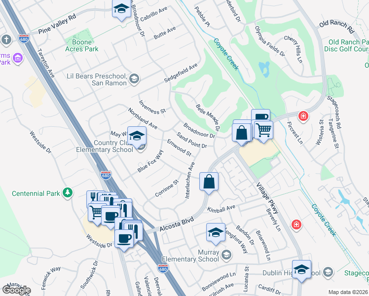 map of restaurants, bars, coffee shops, grocery stores, and more near 9560 Ernwood St in San Ramon