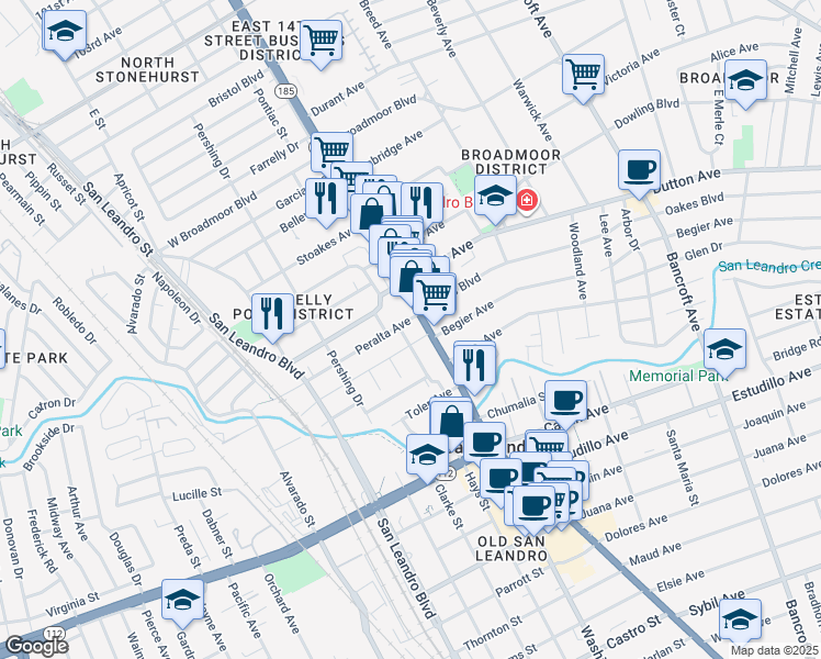map of restaurants, bars, coffee shops, grocery stores, and more near 141 Peralta Ave in San Leandro