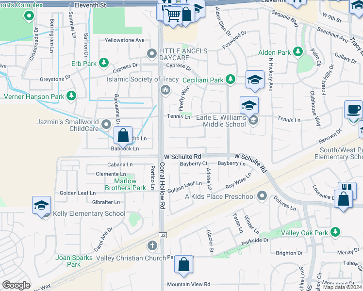 map of restaurants, bars, coffee shops, grocery stores, and more near 1955 Harvest Landing Court in Tracy
