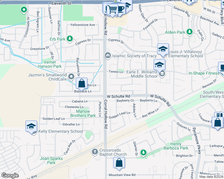 map of restaurants, bars, coffee shops, grocery stores, and more near 1955 Harvest Landing Court in Tracy
