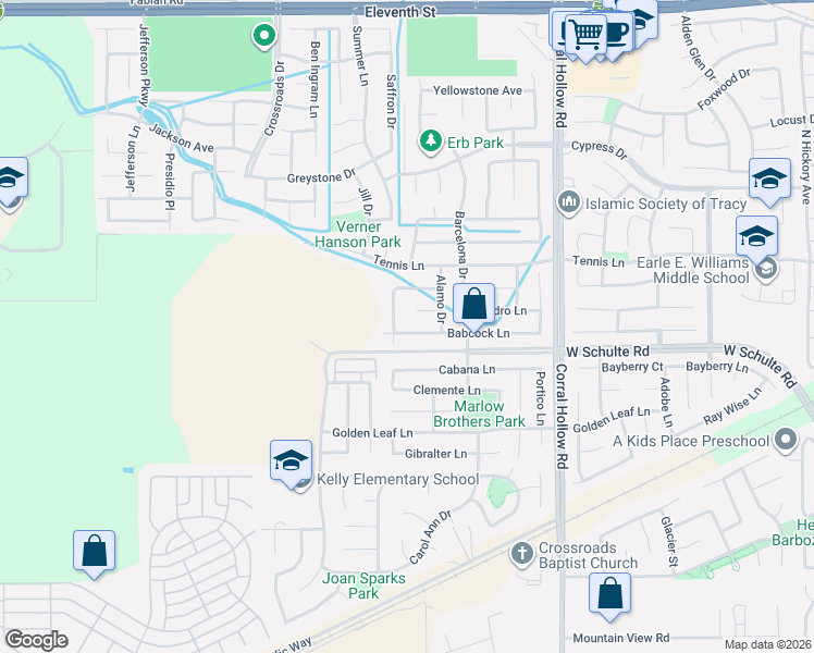 map of restaurants, bars, coffee shops, grocery stores, and more near 80 Faith Lane in Tracy