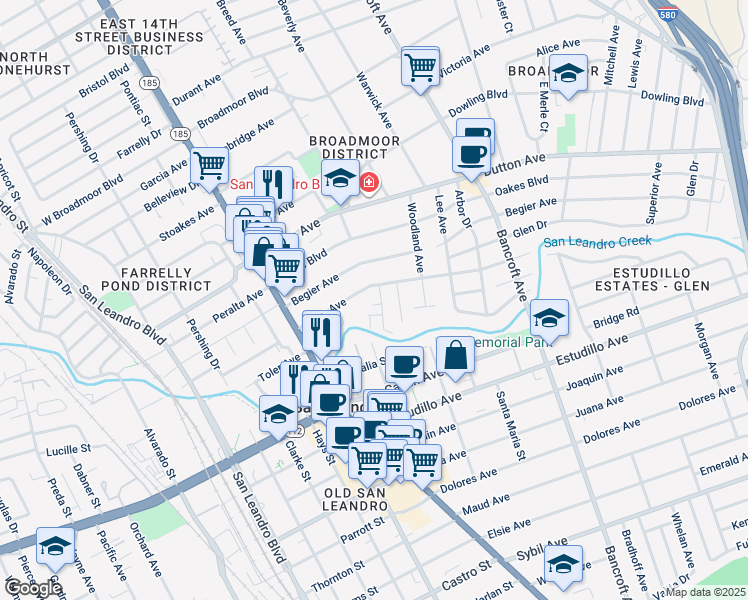 map of restaurants, bars, coffee shops, grocery stores, and more near 281 Haas Avenue in San Leandro
