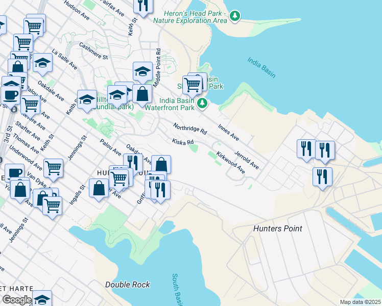 map of restaurants, bars, coffee shops, grocery stores, and more near 195 Kiska Road in San Francisco