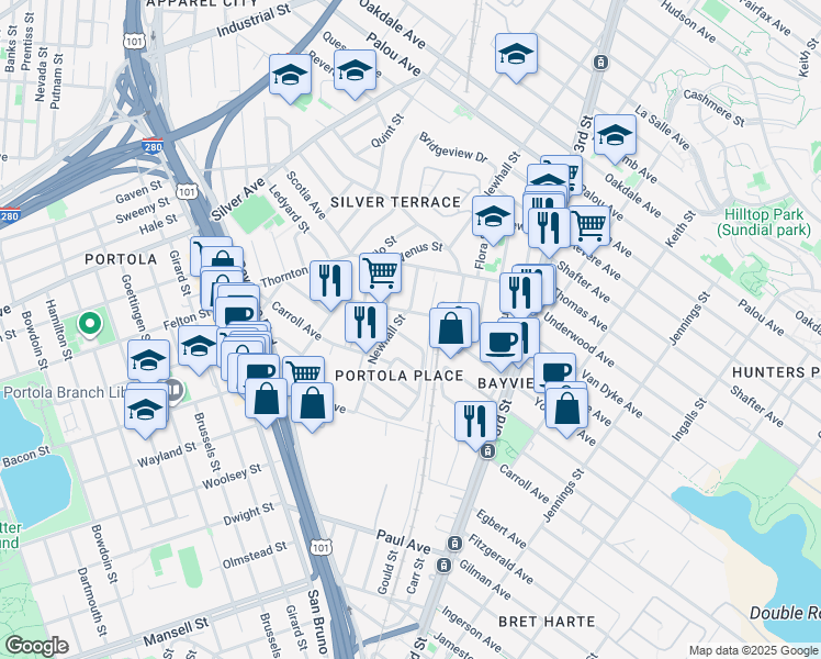 map of restaurants, bars, coffee shops, grocery stores, and more near 169 Williams Avenue in San Francisco