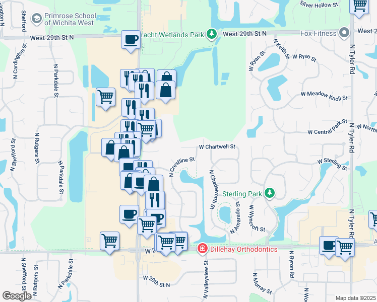 map of restaurants, bars, coffee shops, grocery stores, and more near 9917 West Chartwell Circle in Wichita