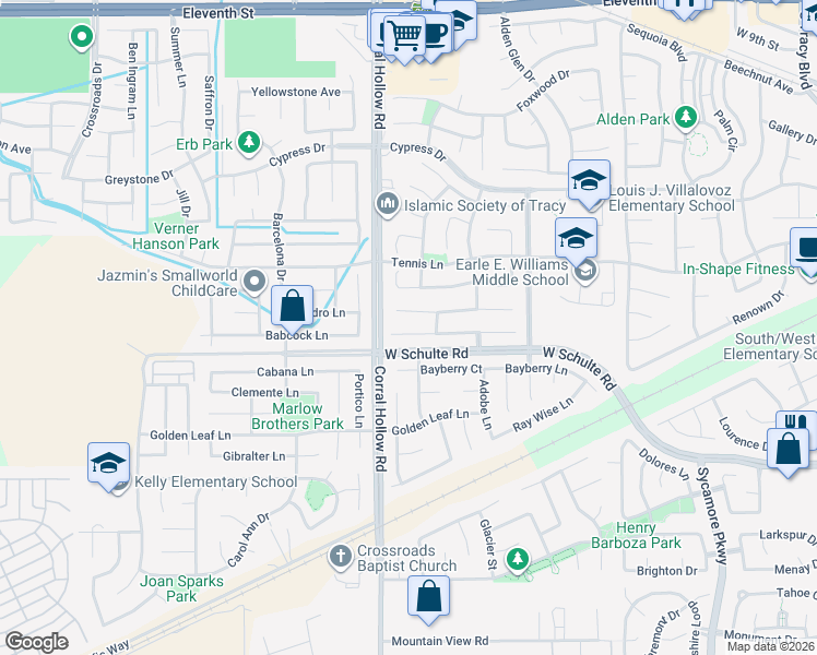 map of restaurants, bars, coffee shops, grocery stores, and more near 1955 Harvest Landing Court in Tracy