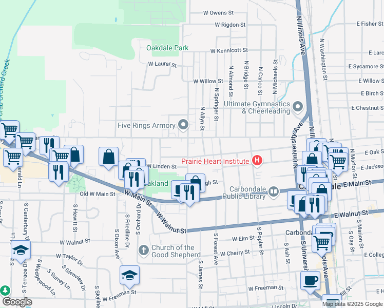 map of restaurants, bars, coffee shops, grocery stores, and more near 808 West Pecan Street in Carbondale