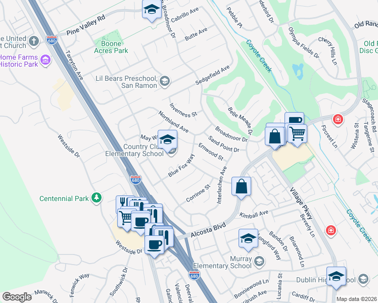 map of restaurants, bars, coffee shops, grocery stores, and more near 9637 Ernwood Place in San Ramon