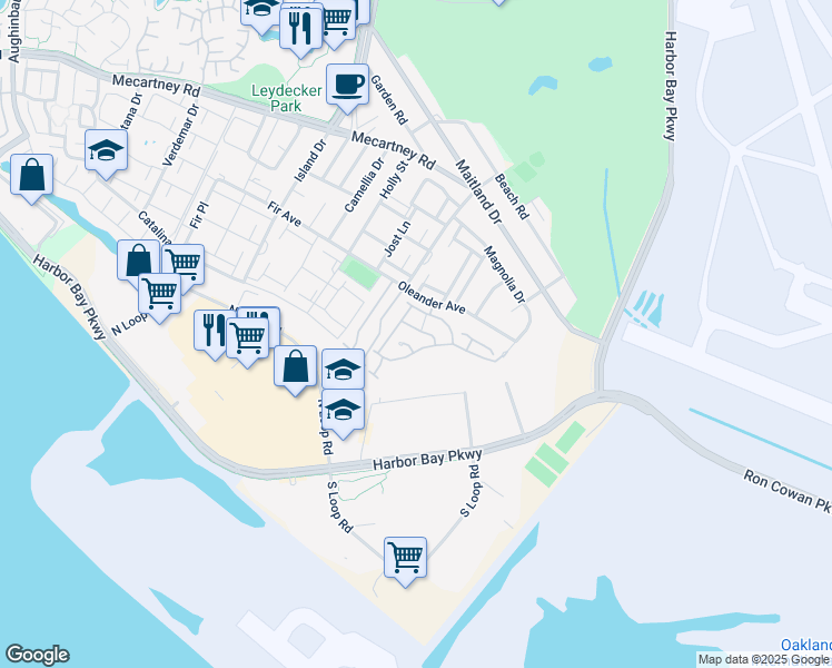map of restaurants, bars, coffee shops, grocery stores, and more near 3530 Depassier Way in Alameda