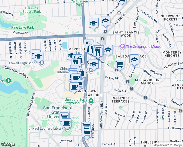 map of restaurants, bars, coffee shops, grocery stores, and more near 3250 19th Avenue in San Francisco