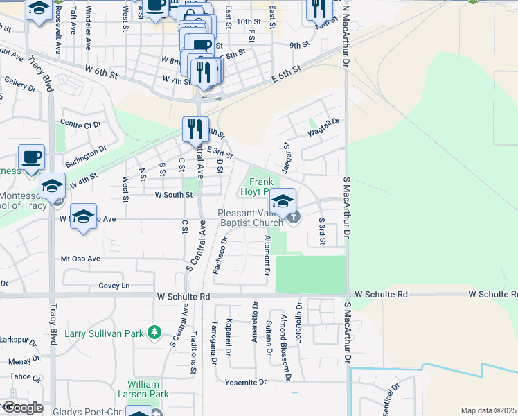 map of restaurants, bars, coffee shops, grocery stores, and more near 265 East Mount Diablo Avenue in Tracy