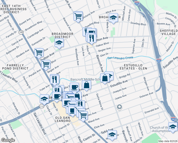 map of restaurants, bars, coffee shops, grocery stores, and more near 523 Pala Avenue in San Leandro