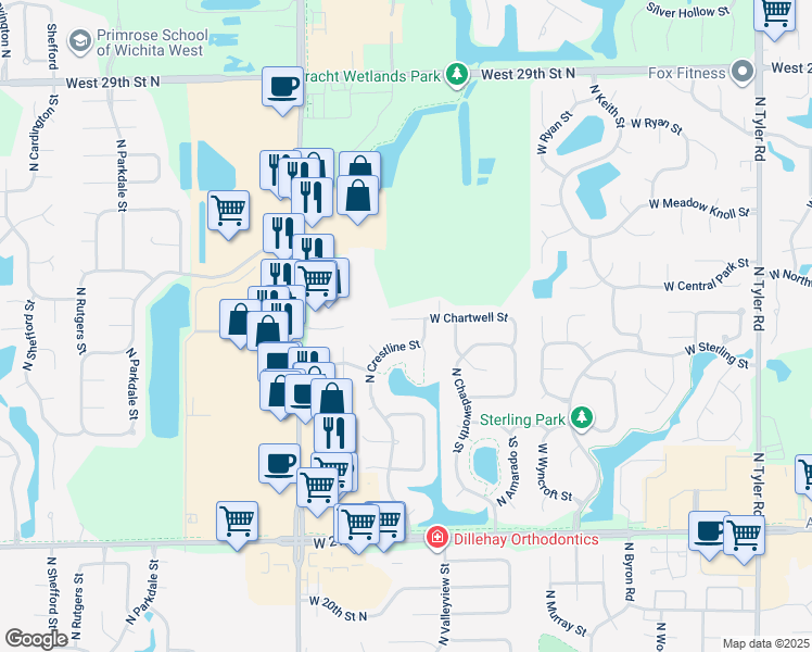 map of restaurants, bars, coffee shops, grocery stores, and more near 9917 West Chartwell Circle in Wichita