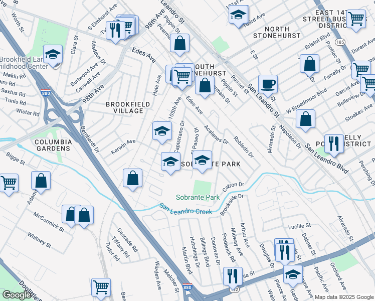 map of restaurants, bars, coffee shops, grocery stores, and more near 520 Almanza Drive in Oakland