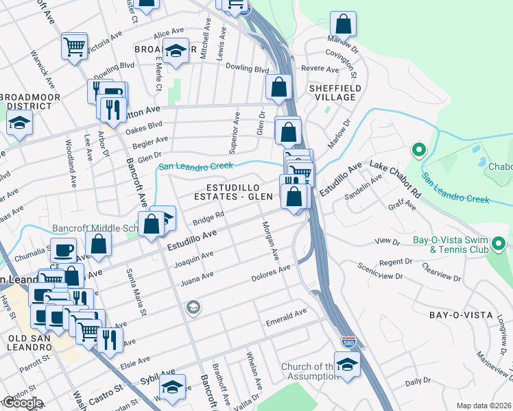 map of restaurants, bars, coffee shops, grocery stores, and more near 887 Bridge Road in San Leandro