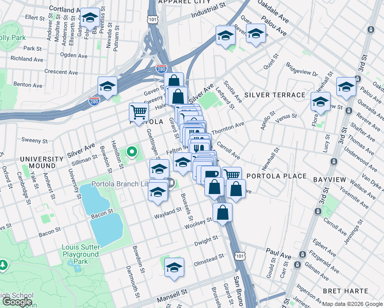 map of restaurants, bars, coffee shops, grocery stores, and more near 2 Burrows Street in San Francisco