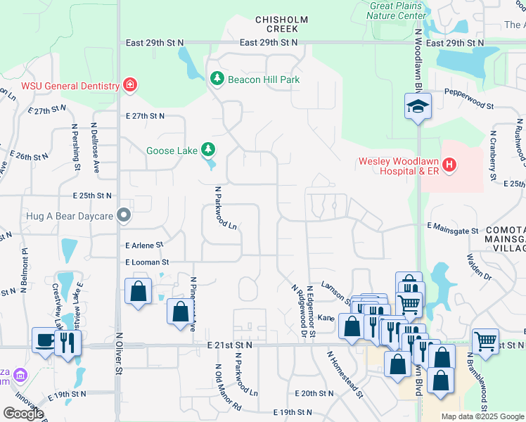map of restaurants, bars, coffee shops, grocery stores, and more near 2522 North Beacon Hill Street in Wichita