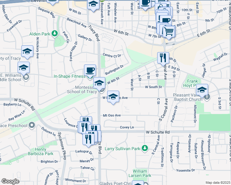 map of restaurants, bars, coffee shops, grocery stores, and more near 449 West Mount Diablo Avenue in Tracy