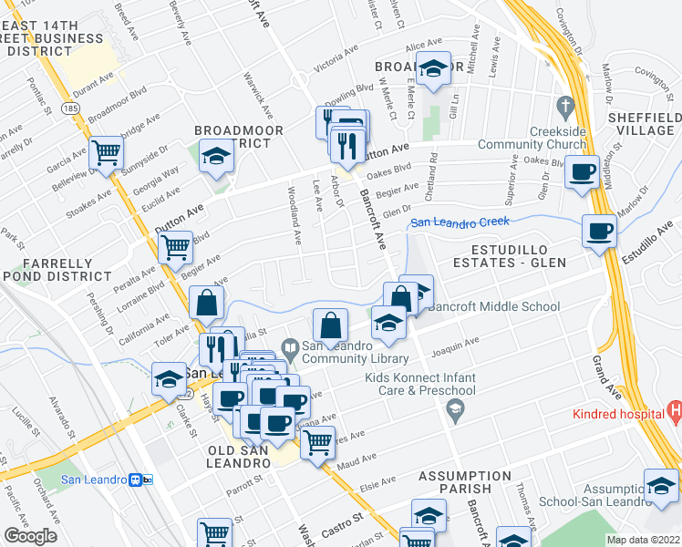 map of restaurants, bars, coffee shops, grocery stores, and more near 523 Pala Avenue in San Leandro