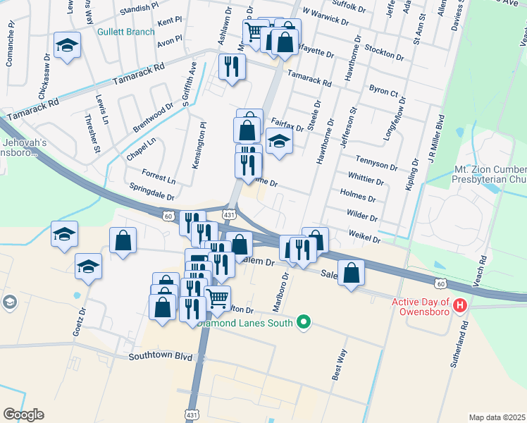 map of restaurants, bars, coffee shops, grocery stores, and more near 4303 Loft Cove in Owensboro