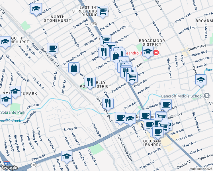 map of restaurants, bars, coffee shops, grocery stores, and more near 280 Best Avenue in San Leandro