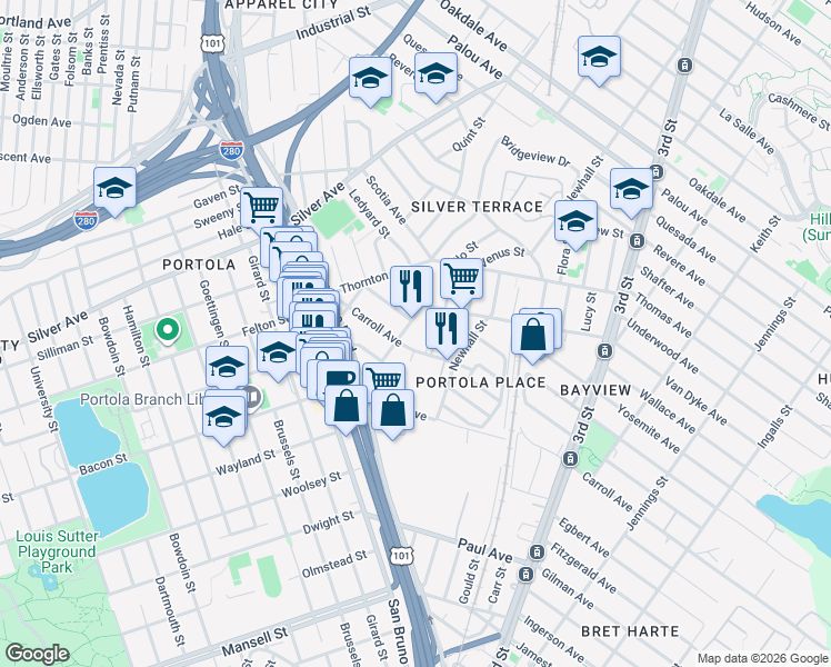 map of restaurants, bars, coffee shops, grocery stores, and more near 2525 Phelps Street in San Francisco