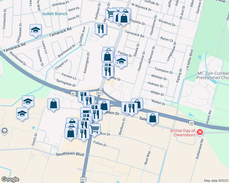 map of restaurants, bars, coffee shops, grocery stores, and more near 4305 Loft Cove in Owensboro