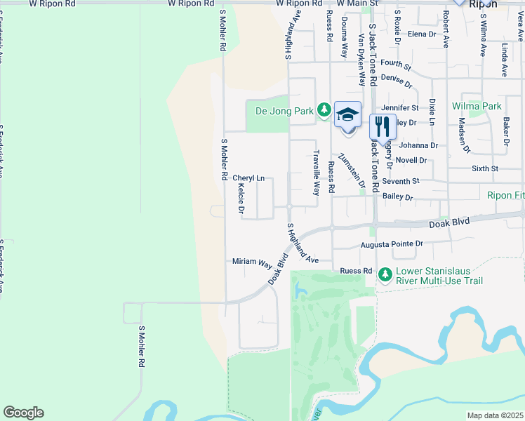 map of restaurants, bars, coffee shops, grocery stores, and more near 1160 McVeigh Way in Ripon