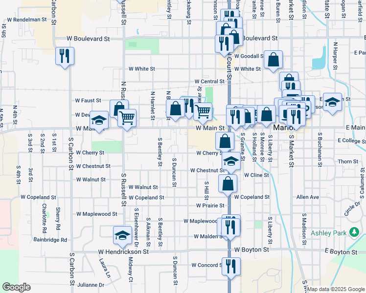 map of restaurants, bars, coffee shops, grocery stores, and more near 112 South Vicksburg Street in Marion
