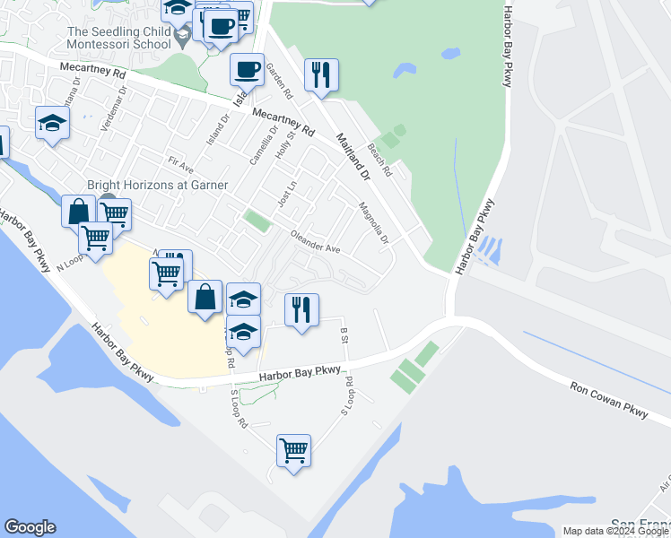 map of restaurants, bars, coffee shops, grocery stores, and more near 3565 McSherry Way in Alameda