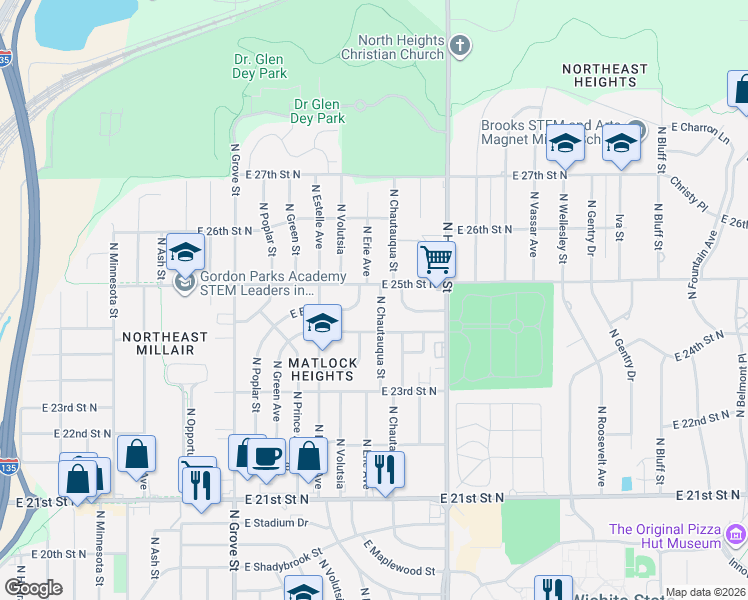 map of restaurants, bars, coffee shops, grocery stores, and more near 2535 North Chautauqua Street in Wichita