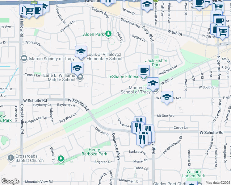 map of restaurants, bars, coffee shops, grocery stores, and more near 1231 Renown Drive in Tracy