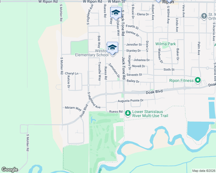 map of restaurants, bars, coffee shops, grocery stores, and more near 1158 Ruess Rd in Ripon