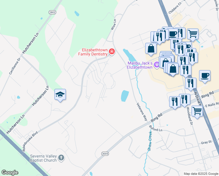 map of restaurants, bars, coffee shops, grocery stores, and more near Noltemeyer Way in Elizabethtown