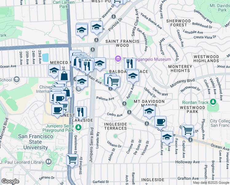 map of restaurants, bars, coffee shops, grocery stores, and more near in San Francisco